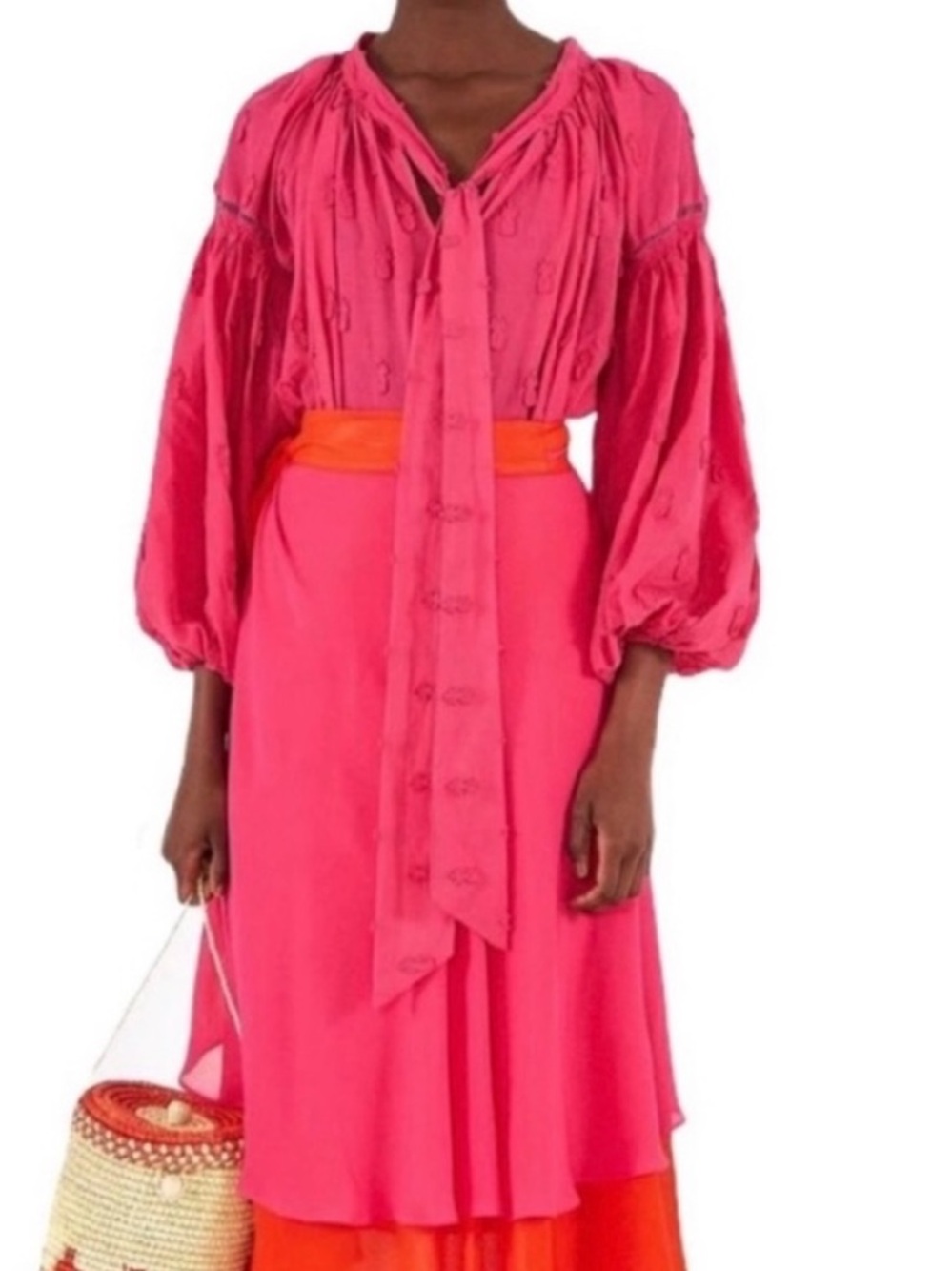 Farm Rio Pineapple Embroidered Blouse Puff Peasant Sleeve Tropical Hot Pink